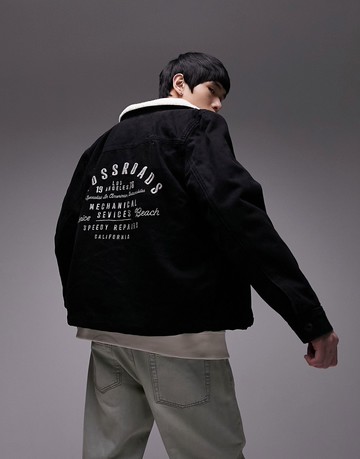 Topman borg collar denim jacket with embroidery in black