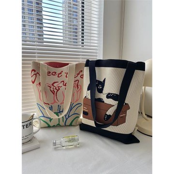 韓式高級感大容量針織帆布袋時尚潮手提敞口單肩包包女士2023新款