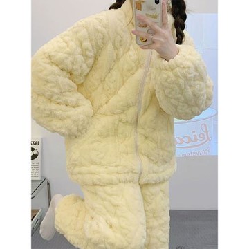 珊瑚絨睡衣冬季女款三層夾棉加厚加絨簡約奶黃秋冬款法蘭絨拉鏈