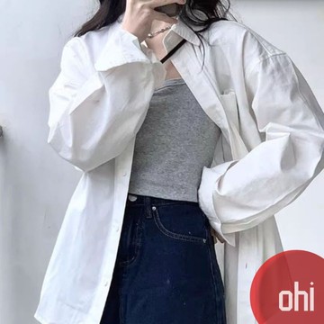 【ohi】休閒白色長袖襯衫 寬鬆純棉防曬襯衣 長袖襯衫 學院風襯衫女 女生襯衫 襯衣 襯衫 上衣 女裝 GSN2204