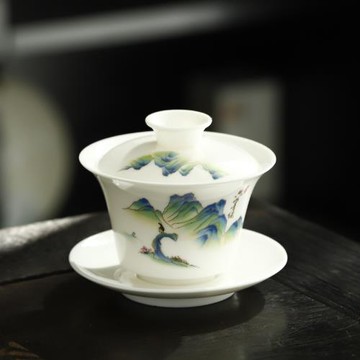 千里江山羊脂玉蓋碗茶杯德化白瓷茶碗帶蓋單三才大號不燙手泡茶器