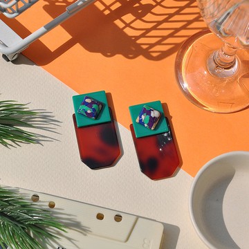 復古綠豹紋誇張耳環/ 壓克力耳環