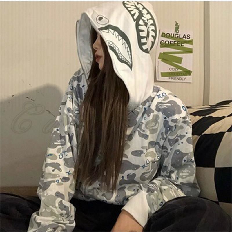 迷彩柄 サメフード ジップアップパーカー ジップアップパーカー レディース 長袖 迷彩柄 カモフラ?サメ柄