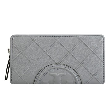 TORY BURCH 158605 浮雕壓紋LOGO菱格紋皮革ㄇ字拉鍊長夾.灰