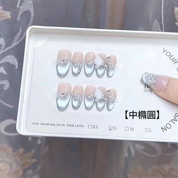 【冰封藍蝶】手工穿戴甲 ins精緻手工美甲貼片 蝴蝶穿戴甲 光療貓眼穿戴甲指甲貼片 杏仁穿戴甲橢圓甲 溫柔顯白穿戴甲