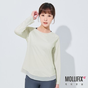 Mollifix 瑪莉菲絲 TRULY修身後網長袖訓練上衣 (芽綠) 暢貨出清、瑜珈服、瑜珈上衣、長T恤、運動服