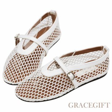 【Grace Gift】個性網面細閃芭蕾舞平底娃娃鞋 白