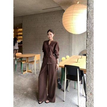 三色實拍 S-XL 新中式繫帶收腰襯衫女+闊腿褲女兩件套 秋天女裝 長版襯衫上衣女 OL裝 通勤穿搭 休閒襯衫 長褲女