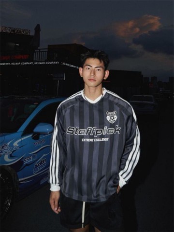 秋季美式球衣長袖灰色休閒百搭運動oversize條紋上衣男女T卹ins風
