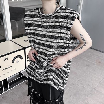 黑白條紋墊肩鏤空背心男高級感小眾無袖t恤小領口設計感疊穿坎肩