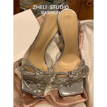 蝴蝶結涼拖鞋女2024年新款方頭水鉆細跟后空時尚一字式透明高跟鞋