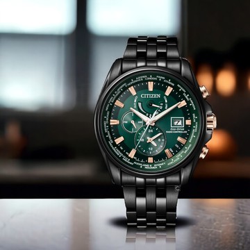 CITIZEN 星辰 亞洲限定款 光動能萬年曆電波手錶-AT9128-87X/綠X黑44mm