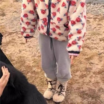 2025秋冬新款韓版復古綁帶蝴蝶結厚底羊羔毛雪地靴真皮保暖中筒靴
