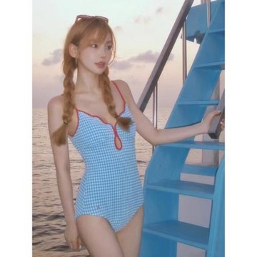 純欲小香風可愛少女甜美格子性感露背簡約連體游泳衣女swimsuit