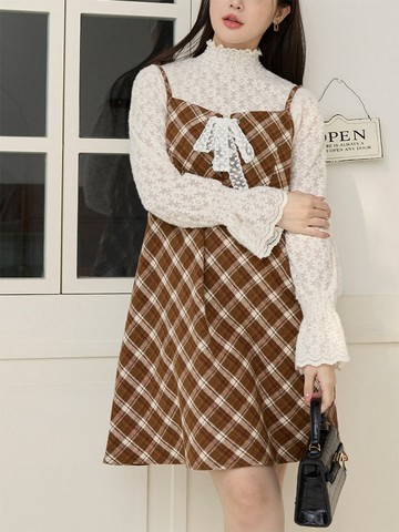 雲朵自訂款-時髦格紋蕾絲綁帶細肩短洋裝