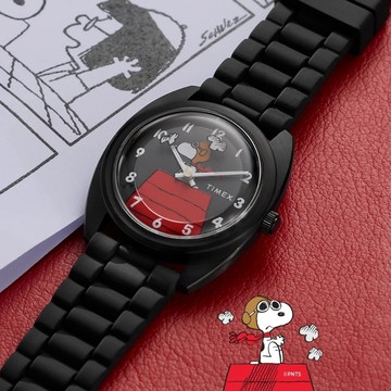 【TIMEX】天美時 史努比聯名  37毫米 1979 復刻版  王牌飛行者 矽膠腕錶(黑 TXTW2Y70900)