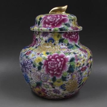 大清雍正年制描金粉彩萬花紋蓋罐仿古瓷器家居擺件古董古玩收藏1入