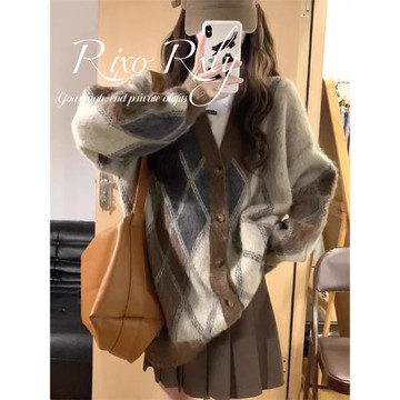 RIXO RXLY菱格V領針織開衫女秋冬季慵懶風寬松復古休閑毛衣外套