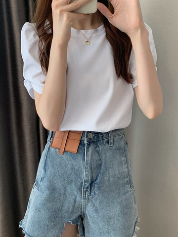 泡泡袖白色短袖t恤女年新款夏季打底衫韓版修身顯瘦百搭上衣