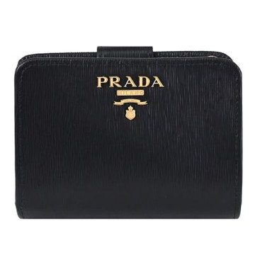 PRADA 金屬LOGO水波紋釦式零錢短夾(黑/紅)