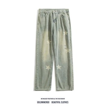 星星印花黃泥色牛仔褲男潮牌高街百搭直筒長褲水洗做舊闊腳長褲子