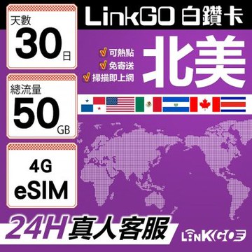 LinkGO白鑽卡 北美 eSIM卡 AT&T/Verizon 30天總流量50GB(北美網卡 美國 加拿大 墨西哥)
