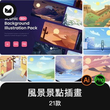 扁平化城市森林風景旅遊景點標誌插畫場景圖AI矢量設計素材S736