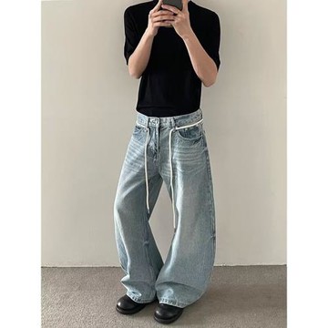 美式基礎彎刀水洗藍色抽繩牛仔褲男女寬松直筒通勤cleanfit長褲潮