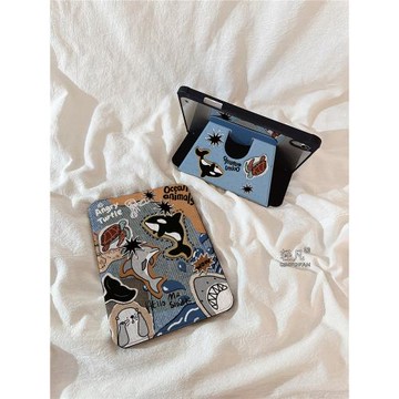 卡通牛仔海底小動物適用iPadmini7保護殼360旋轉支架iPad Air6帶筆槽11英寸10.2新款2024ipadPro13平板套10.9