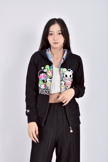 (S) 【艾玲私服】tokidoki棉質印花連帽拉鏈黑色外套
