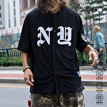 [HYC] 棒球服 歌德字 NY  臂章造型 球衣 襯衫 網眼 鏤空 棒球襯衫 棒球外套 短袖襯衫【98358】