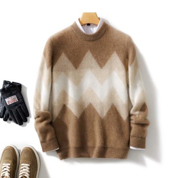22秋冬新款圓領加厚羊絨衫男士商務拼色套頭毛衣休閑羊毛針織上衣