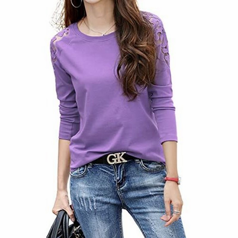 Rickyxricky カットソー 長袖 肩レース Tシャツ トップス シアー デザイン クルーネック レディース Xl パープル 通販 Lineポイント最大0 5 Get Lineショッピング