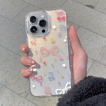 少女甜美粉蝴蝶結適用蘋果15pro Max透閃粉手機殼適用iphone 14透明11高級感13 Pro保護套風小眾