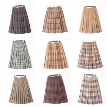 古著vintage 日本制 女秋冬 高腰 格子 半身 羊毛冬 百褶半身裙18