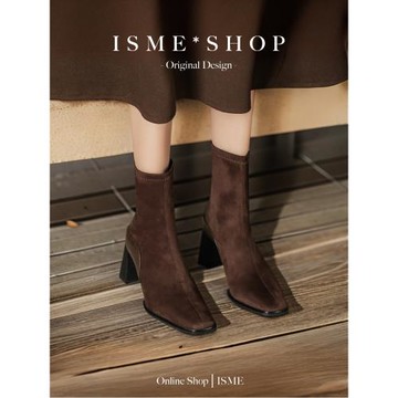 絨面粗跟單靴拼接切爾西顯瘦方頭馬丁靴后拉鏈新款秋冬女短靴法式