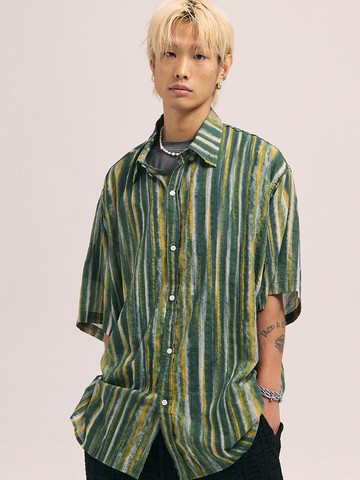 Stripe Balloon Over Half Shirt_Green