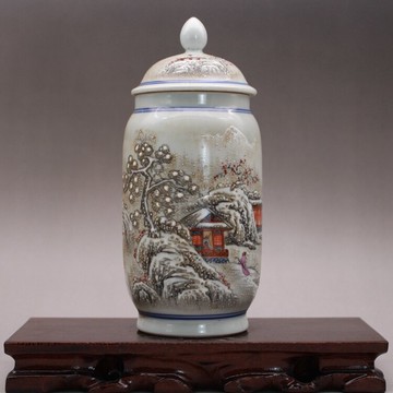 慎德堂民國粉彩雪景山水蓋罐茶葉罐古玩古董陶瓷器仿古老貨收藏品