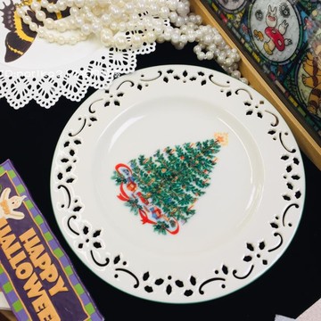 復古陶瓷盤圣誕節圣誕樹鏤空古典北歐盤子21.5cm