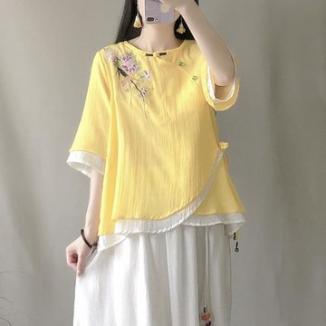 中國風復古斜襟盤扣襯衫夏季棉麻改良漢服禪意茶服女裝短款上衣