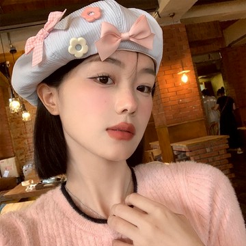 (時尚單品項鍊)小眾設計可愛甜美顯臉小蝴蝶結雲朵感奶油貝雷帽