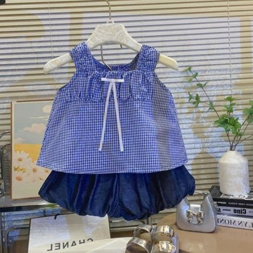 🎀biubiu童裝🎀女童韓系套裝夏季新款潮流女孩掛脖無袖格子上衣花苞褲兩件套