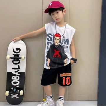 【臺灣出貨】男童夏季背心套裝兒童運動休閒寬鬆男孩夏天無袖短褲兩件套潮長袖童裝童裝衣服男女童