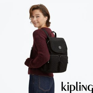 『猴子包』Kipling 黑色提花掀蓋多袋收納後背包-CITY POCKET S