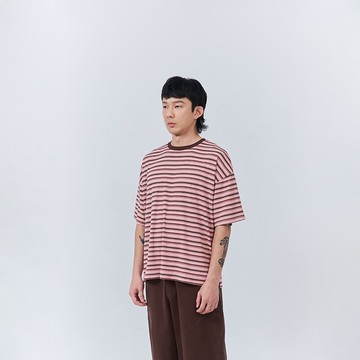 QUEENSHOP_S 男裝 短袖 配色條紋寬版短袖上衣-粉M/L/XL 現+預 【01190327】