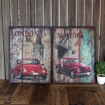 大本鐘比薩斜塔自由女神像復古木板畫 古董車元素 酒吧咖啡廳壁飾1入