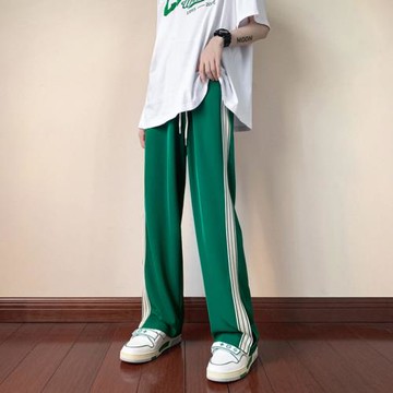 冰絲休閑褲男夏季潮流寬松運動褲開叉拖地長褲子垂感直筒闊腿褲薄