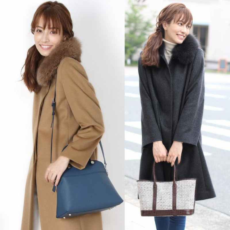 カシミヤ 100% コート ロング フォックス ファー付き ステンカラー 
