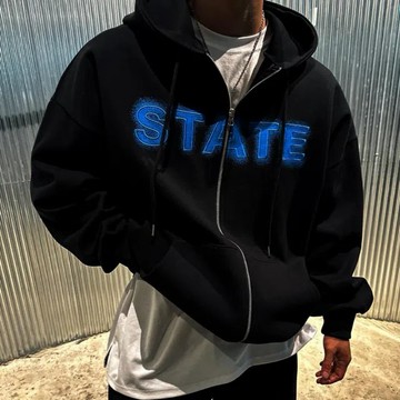 [HYC] 韓國 STATE 渲染 刺繡 雙開拉鍊 連帽外套 拉鍊外套 開衫 厚磅 內刷毛 棉外套 外套【81050】
