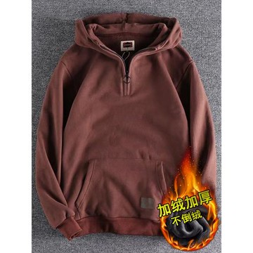 美式重磅純棉加絨加厚半拉鏈連帽衛衣男秋冬季保暖復古工裝外套男